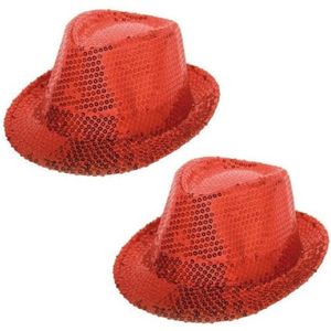 2x stuks rood trilby glitter party hoedjes met pailletten - carnaval verkleed hoeden