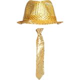 Party carnaval verkleed hoedje en stropdas - Gouden pailletten glitters - Verkleedkleding volwassenen