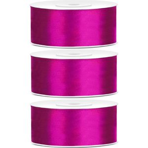 3x Hobby/decoratie fuchsia roze satijnen sierlinten 2,5 cm/25 mm x 25 meter - Cadeaulinten satijnlinten/ribbons- Fuchsia roze linten - Hobbymateriaal benodigdheden - Verpakkingsmaterialen