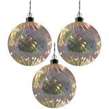 3x stuks verlichte glazen kerstballen met 10 lampjes transparant parelmoer 12 cm - Decoratie kerstballen met licht