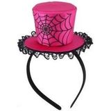 Roze verkleed mini hoed op diadeem met spinnenweb voor dames - Halloween/carnaval verkleedaccessoires hoeden - Mini hoge hoedjes