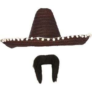 Carnaval verkleed set - Mexicaanse sombrero hoed dia 50 cm met plaksnor - zwart - heren