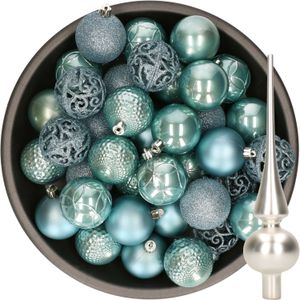 Decoris Kerstballen 37x stuks - 6 cm - ijsblauw - kunststof - incl. glazen piek mat zilver