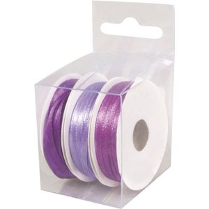 3x Rollen hobby/decoratie kleurenmix paars satijnen sierlint 3 mm x 6 meter - Cadeaulinten satijnlinten/ribbons