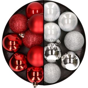 24x stuks kunststof kerstballen mix van rood en zilver 6 cm - Kerstversiering