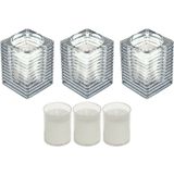 3x Transparante glazen kaarsenhouders met kaars en 3x navullingen 7 x 10 cm 24 branduren - Geurloze kaarsen - Woondecoraties