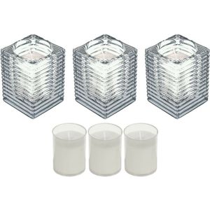3x Transparante glazen kaarsenhouders met kaars en 3x navullingen 7 x 10 cm 24 branduren - Geurloze kaarsen - Woondecoraties