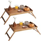 Set van 2x stuks acacia houten dienbladen 35 x 55 cm met inklapbare poten - Ontbijt op bed - Serveerbladen/dienbladen van hout