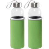 2x Stuks glazen waterfles/drinkfles met groene softshell bescherm hoes 520 ml - Sportfles - Bidon