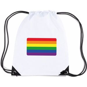 Regenboog nylon rijgkoord rugzak/ sporttas wit met Regenboog vlag