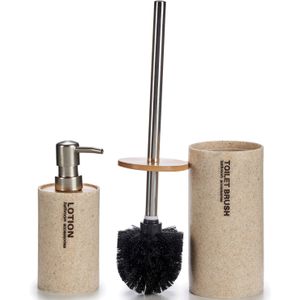 Badkamer accessoires set 2-delig creme marmer beige polyresin - Wc-borstel met zeepdispenser van 350 ml