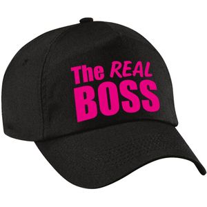 The real boss pet / cap zwart met roze letters voor dames - verkleedpet / feestpet