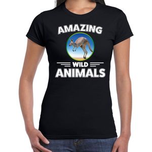 T-shirt kangoeroe - zwart - dames - amazing wild animals - cadeau shirt kangoeroe / kangoeroes liefhebber