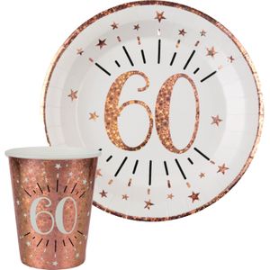 Verjaardag feest bekertjes en bordjes leeftijd - 20x - 60 jaar - rose goud - karton