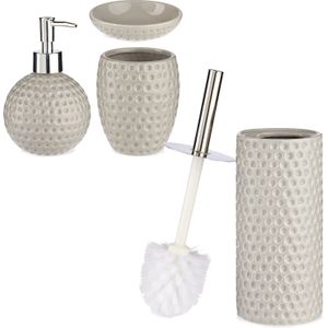 Badkamer accessoires set 4-delig kiezelgrijs/taupe van keramiek - Toiletborstel - Zeeppompje - Beker - Plateau