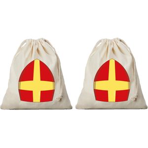 2x Mijter Sinterklaas cadeauzakje met sluitkoord - katoenen / jute zak - Sinterklaas kadozak voor pakjesavond