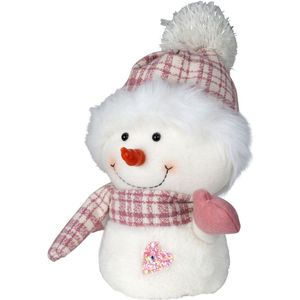 Pluche decoratie sneeuwpop - 27 cm - roze - pop - met sjaal en muts - kerstdecoratie