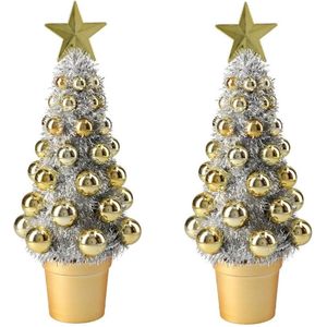 2x stuks complete mini kunst kerstboompje/kunstboompje zilver/goud met kerstballen 30 cm - Kerstbomen - Kerstversiering
