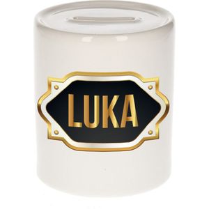 Luka naam cadeau spaarpot met gouden embleem - kado verjaardag/ vaderdag/ pensioen/ geslaagd/ bedankt
