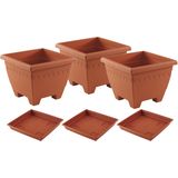 3x stuks vierkante plantenbakken/potten  30 x 30 x 23 cm terra cotta kleur met opvangschaal van 27 cm - Kunststof - Buiten gebruik