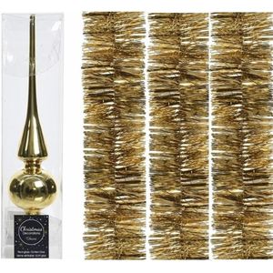 Kerstboomversiering set gouden piek en 3x folieslingers set - Kerstboomversiering goud