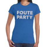 Foute Party zilveren glitter tekst t-shirt blauw dames - foute party kleding