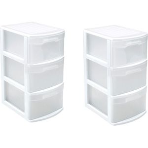 Set van 2x stuks ladeblokken/bureau organizers met 3 lades wit/transparant - 39 x 29 x 59 cm - Ladeblokken/organiserss kantoorartikelen/benodigdheden