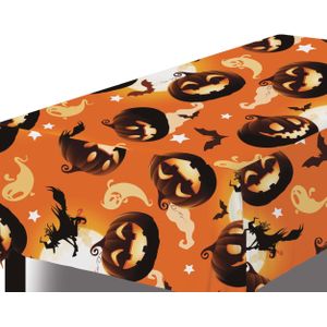 Halloween/horror thema feest tafelkleed - 2x - creepy pompoenen - oranje - plastic - 137 x 274 cm