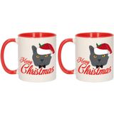 Set van 2x stuks cadeau kerstmokken rood Merry Christmas met grijze kat - 300 ml - mokken / bekers - kerstcadeau kattenliefhebbers