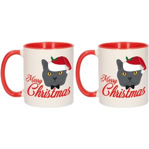 Set van 2x stuks cadeau kerstmokken rood Merry Christmas met grijze kat - 300 ml - mokken / bekers - kerstcadeau kattenliefhebbers