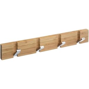 Kapstok rek voor wand/muur - lichtbruin - 4x inklapbare ophanghaken - bamboe/metaal - B40 x H6 cm
