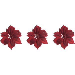 6x stuks decoratie bloemen kerstster rood glitter op clip 24 cm - Decoratiebloemen/kerstboomversiering/kerstversiering
