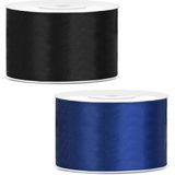 Sierlinten/cadeaulinten/satijnen linten - Set 2x stuks - zwart en blauw - 38 mm x 25 meter