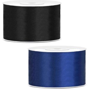 Sierlinten/cadeaulinten/satijnen linten - Set 2x stuks - zwart en blauw - 38 mm x 25 meter