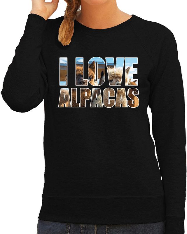 Tekst sweater I love alpacas met dieren foto van een alpaca zwart voor dames - cadeau trui alpacas liefhebber