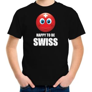 Zwitserland Happy to be Swiss landen t-shirt met emoticon - zwart - kinderen - Zwitserland landen shirt met Zwitserse vlag - EK / WK / Olympische spelen outfit / kleding