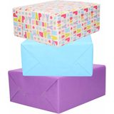 3x Rollen kraft inpakpapier lichtblauw/paars/happy birthday 200 x 70 cm - cadeaupapier / kadopapier / boeken kaften
