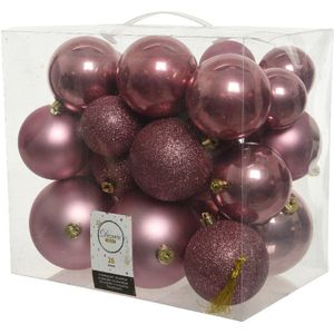 26x Oud roze kunststof kerstballen 6-8-10 cm - Mix - Onbreekbare plastic kerstballen - Kerstboomversiering oud roze