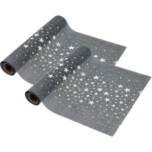 Kerstdiner/tafeldecoratie lopers - 28 x 200 cm - grijs met sterren - 2x stuks