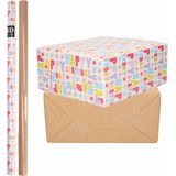 6x Rollen kraft inpakpapier happy birthday pakket - bruin 200 x 70 cm - cadeau/verzendpapier