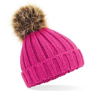 Grof gebreide wintermuts roze met bruine pompon voor dames