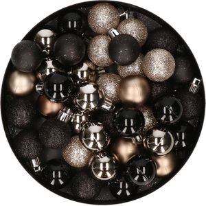 Set van 48x stuks kunststof kerstballen mix zwart en champagne 3 cm - Kerstversiering