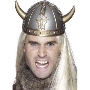 Zilveren Vikingen verkleed helm met gouden hoorns - Carnaval hoeden/helmen