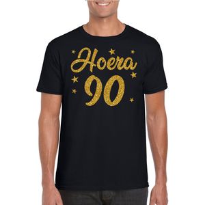 Hoera 90 jaar verjaardag cadeau t-shirt - goud glitter op zwart - heren - cadeau shirt