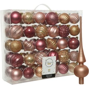 Decoris kerstballen 60x kunststof 6-7 cm- met matte piek - roze-bruin
