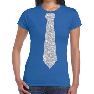 Blauw fun t-shirt met stropdas in glitter zilver dames
