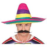 Carnaval verkleed set - Mexicaanse sombrero hoed met plaksnor - gekleurd - heren
