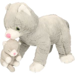 Grijze Pluche Kat/Poes met Kitten Knuffel 32 cm - Katten Speelgoed Huisdieren