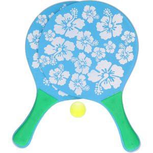 Blauwe beachball set met bloemenprint buitenspeelgoed - Houten beachballset - Rackets/batjes en bal - Tennis ballenspel