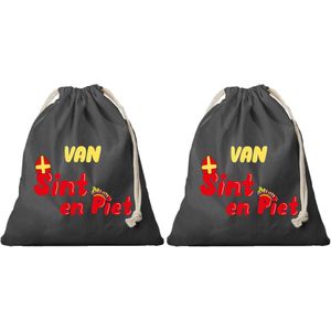 2x Van Sint en Piet cadeauzakje zwart met sluitkoord - katoenen / jute zak - Sinterklaas kadozak voor pakjesavond